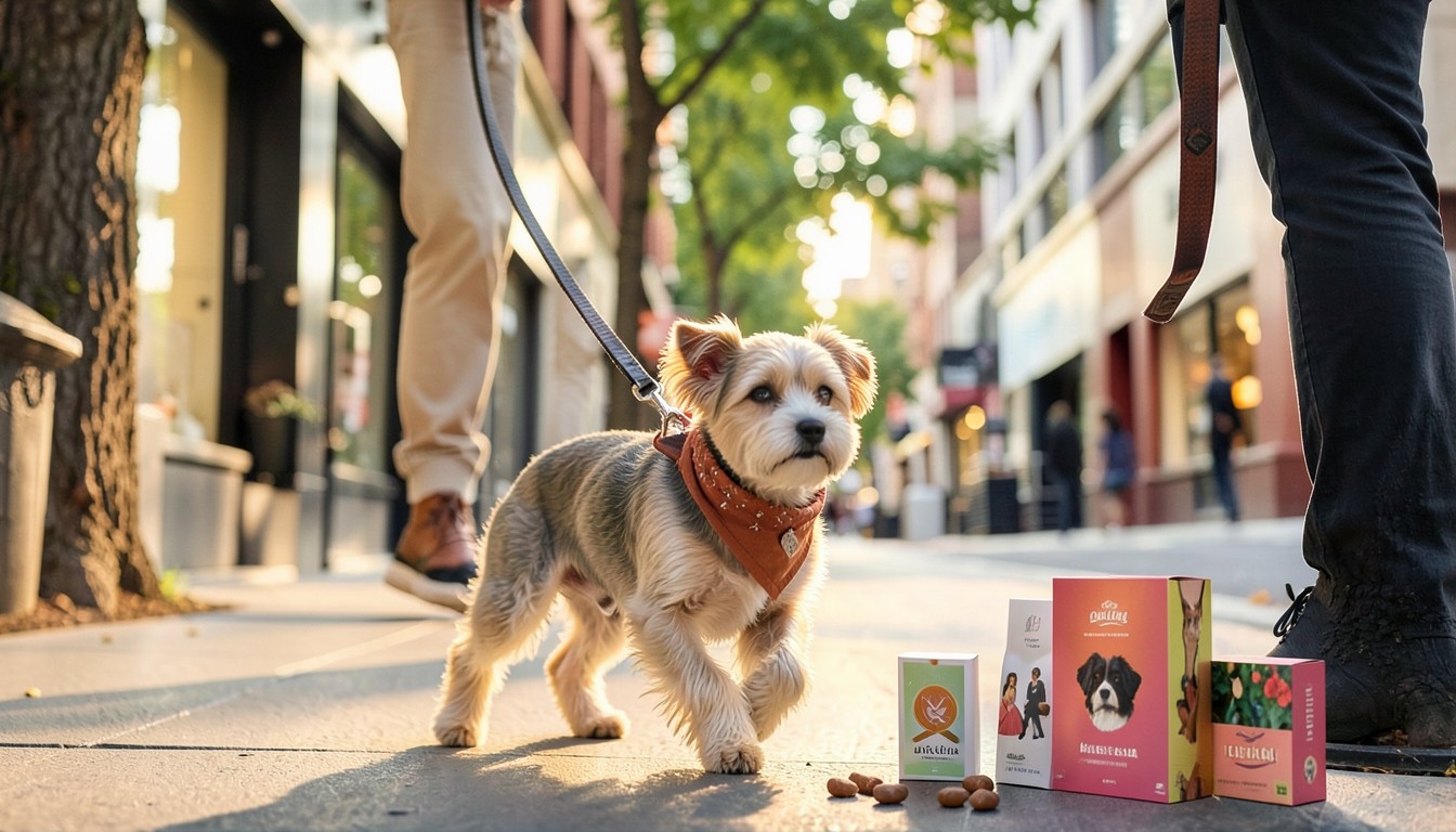 Human fingers tying a bandana on a French bulldog, shallow depth of field, blurred crosswalk background